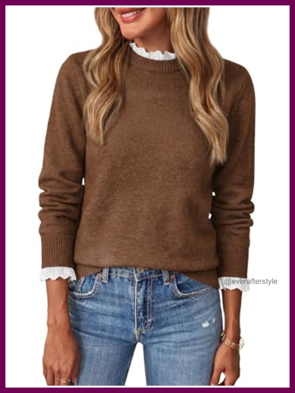Lightweight Lace Knit Crew Neck Ruffle Pullover Sweater Casual Fall Jumper